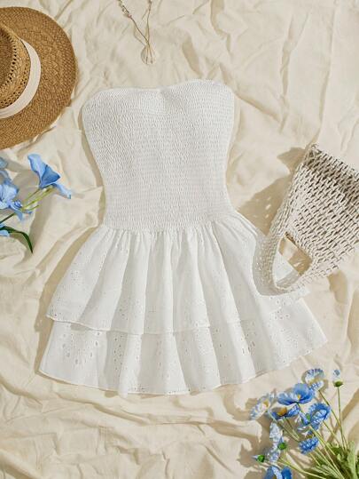 SHEIN Unity Vestido elegante de estilo de vacaciones en azul marino con pliegues, sin tirantes, cintura sexy, calado, bordado y volantes en el bajo