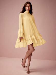 Enchnt Women's Solid Color Layered Stand Collar Elegant Long Sleeve Dress - Yellow - View 4
