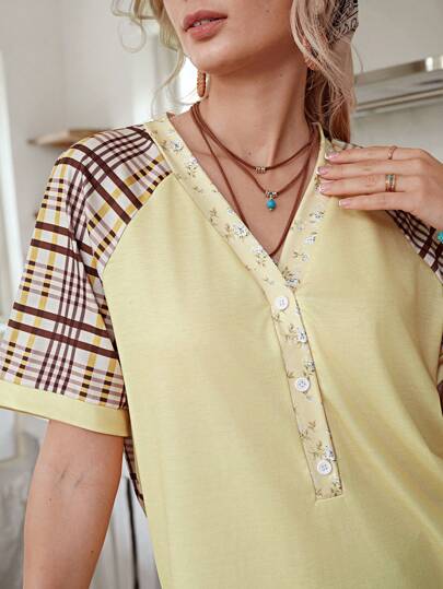 LanaWest Women's Bohemian Style Printed Patchwork T-Shirt