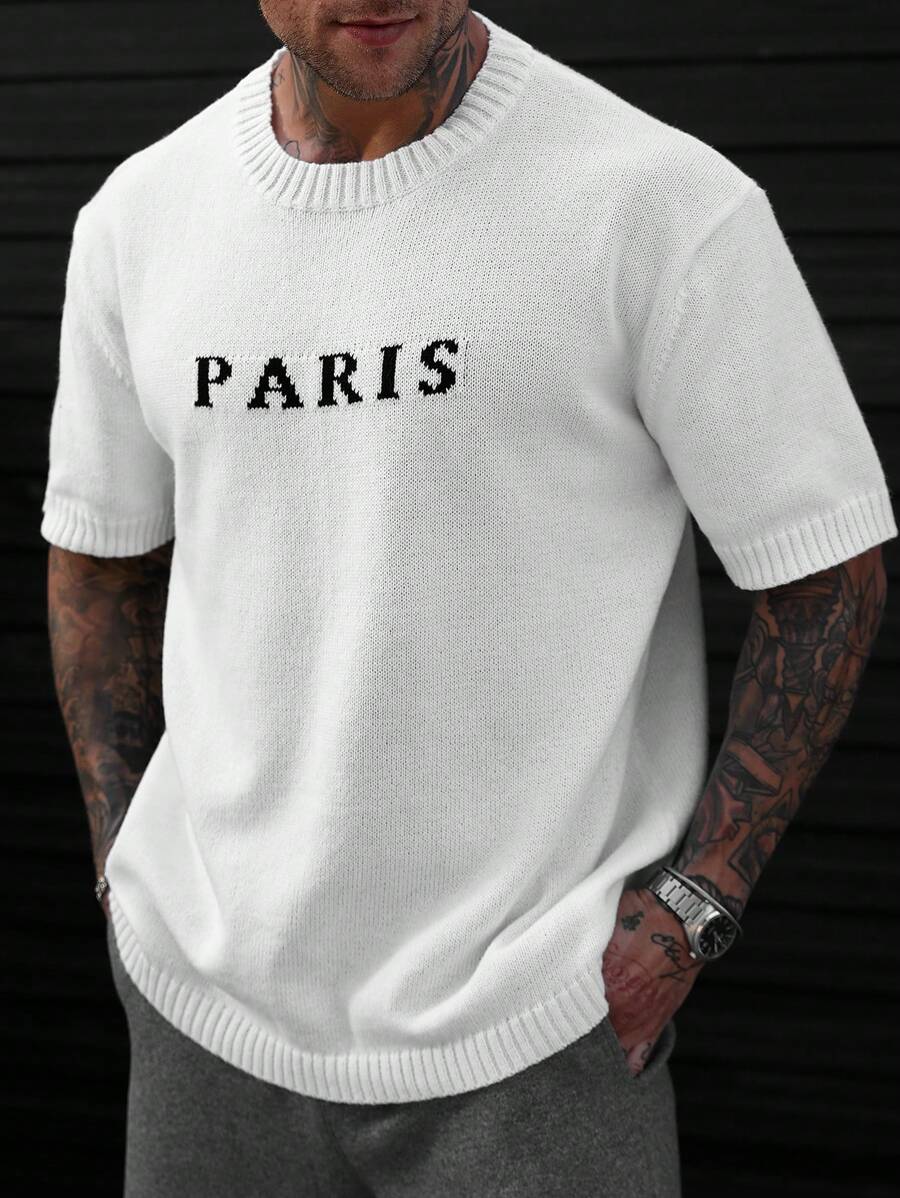 Manfinity Homme 大码男士休闲字母印花短袖针织毛衣加大码男装 - 白色 - 查看 1