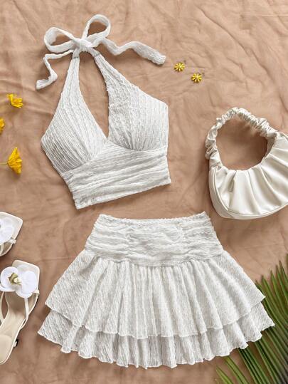 Soleia 女士度假套装：米色纹理露背领结无袖上衣和双层荷叶边迷你裙