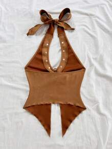 Soleia 女士休闲系带领金属扣合身不对称下摆上衣，绒面面料，西式风格，音乐节，派对，夏季