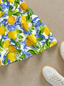 SHEIN EZwear Vestido mini casual de mujer con estampado de limones, estilo minimalista apropiado para el verano, excursión de chicas