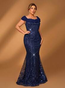 Serin Plus Size Elegant & Luxurious Blue Long Mother Of The Bride Dress With Cap Sleeve, Embroidered Floral & Sequins Details - Navy Blue - View 5