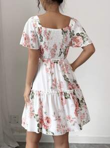 Elenzga Women Floral Print Sashes Ruffle Hem Short Sleeve Casual Dress, Vacation Style - Multicolor - View 2