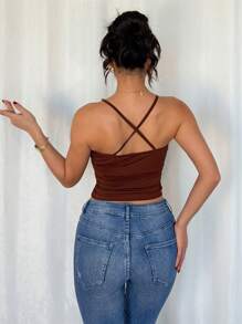 Chiquease Elegante y sexy top sin mangas con cuello en U y detalles de cuentas, ajustable con hebilla en color marrón café, para primavera y verano, top interior para mujeres - Café integral - Ver 2