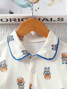 寶寶男孩可愛熊和宇航員印花兩件套家居服，包括針織外套和長褲 - 杏色 - 查看 7