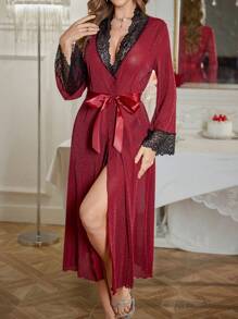 SHEIN Women's Lace Panel Long Sleeve V-Neck Silver Wire Mesh Robe, Fashionable - Burgundy - View 6