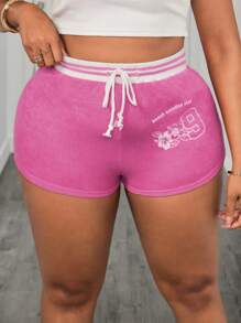 SHEIN PETITE CURVE Quần short bó eo có dây rút in chữ cỡ lớn cho nữ - Màu Hồng Tươi - Xem 5