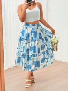 Flirla Rok A-Line Motif Patchwork untuk Wanita Ukuran Plus, Cocok untuk Liburan Musim Panas, Pakaian Musim Gugur untuk Wanita - MultiWarna - View 6