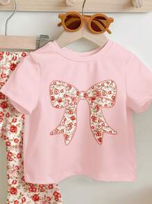 SHEIN 可爱波西米亚风格，碎花蝴蝶结女婴休闲简约浅粉色短袖圆领 T 恤和喇叭裤套装，适合春夏季 - 彩色 - 查看 3