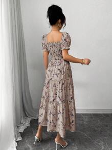 Elenzga Đầm Maxi Tay Ngắn Cổ Vuông Xếp Ly Cho Nữ, Có Họa Tiết Hoa Nhỏ, Phù Hợp Mặc Hàng Ngày Thường Ngày, Đi Làm, Du Lịch, Bãi Biển, Boho, Phương Tây, Lễ Hội Âm Nhạc, Phong Cách Đồng Quê - Màu nâu  Mocha - Xem 2