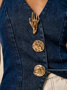 Poéselle 女式纯色露背纽扣无袖牛仔上衣 - 深色水洗藍 - 查看 3