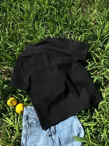 Tseoso 休闲简约太阳镜猫咪图案女式T恤 - 黑色 - 查看 3