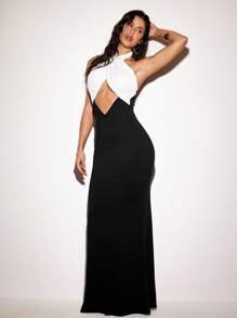 VIOLA AND VESPER Black&White Cross Neck Maxi Bicolor Maxi Dress Women Elegant Long Dress - Black and White - View 6