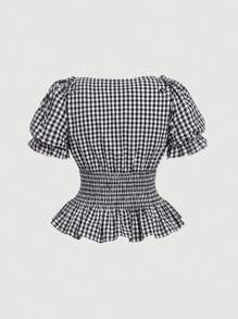 SHEIN MOD Áo kiểu cỡ lớn in họa tiết kẻ caro đen trắng, tay phồng, eo nhún, vạt peplum, thời trang, thích hợp cho mùa hè. - Đen và trắng - Xem 2