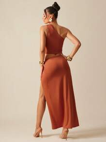 Hauture Falda larga con abertura alta y diseño de un solo color para vacaciones de verano y resorts sexys - Caqui - Ver 4