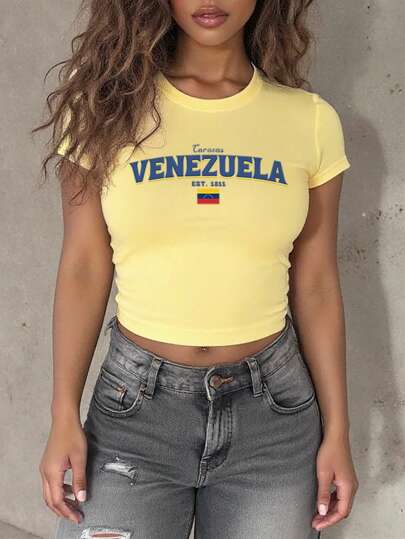 StreetHx Camiseta corta de manga corta con estampado de bandera amarilla, estilo Y2K para mujeres