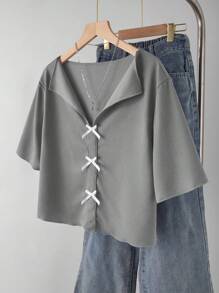 Camiseta de mujer talla grande de manga corta con cuello en V, volantes y lazo, elegante y dulce, casual a juego madre-hija (2 piezas se venden por separado), tops casuales de verano