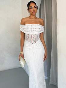 SHEIN BAE Spring/Summer Off-Shoulder Lace Fitted Long Dress, Elegant - White - View 3