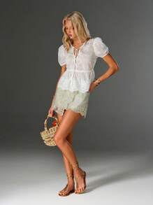 SHEIN Unity White Embroidery & Beaded Decor V-Neck Casual Summer Shirt For Women - White - View 6
