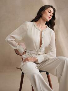 Anewsta Heavy Beaded Chiffon Long Sleeve Blouse With Embroidered 3D Floral Design And Double Layer Round Neck For Women - White - View 6