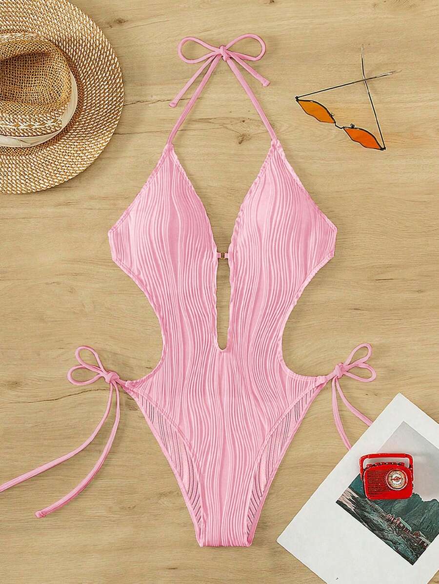 SHEIN Swim 1 pieza Traje de baño de una pieza con cuello halter y espalda descubierta de unicolor, para vacaciones y playa