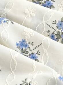 SHEIN MOD Plus Size Blue & White Embroidered Ruffle Trim Blouse Top, Romantic Vacation Wear - Blue and White - View 4