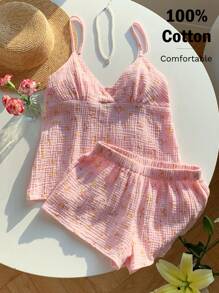 Comfortcana Women's 2pcs/Set Summer Vacation Textured Floral Print Camisole Top And Shorts Set