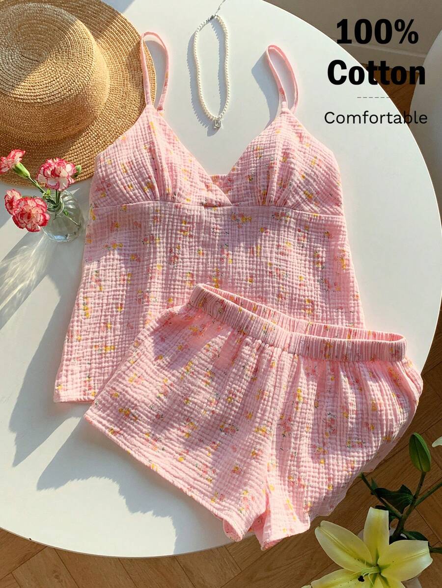 Comfortcana Women's 2pcs/Set Summer Vacation Textured Floral Print Camisole Top And Shorts Set