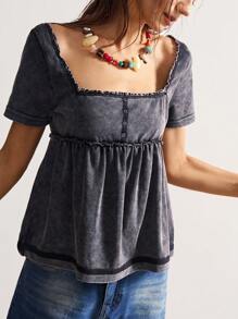 Bohemela Plus Size Women Casual Washed Square Neck Short Sleeve Top - Dark Grey - View 5