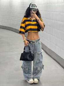 StreetHx Women's Streetwear Loose Fit Multi-Stripe Polo Shirt, Sporty Casual For Commuting, Spring/Summer - Yellow - View 6