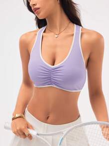 SHEIN Sport Studio Damen Sport-BH mit Kontrastbindung und Rundhalsausschnitt, geraffter Saum, Damenbekleidung, Sport-Trainingskleidung, Damen-Trainingsoberteil, Damen-Sport-BHs, Damen-Sport-Sets