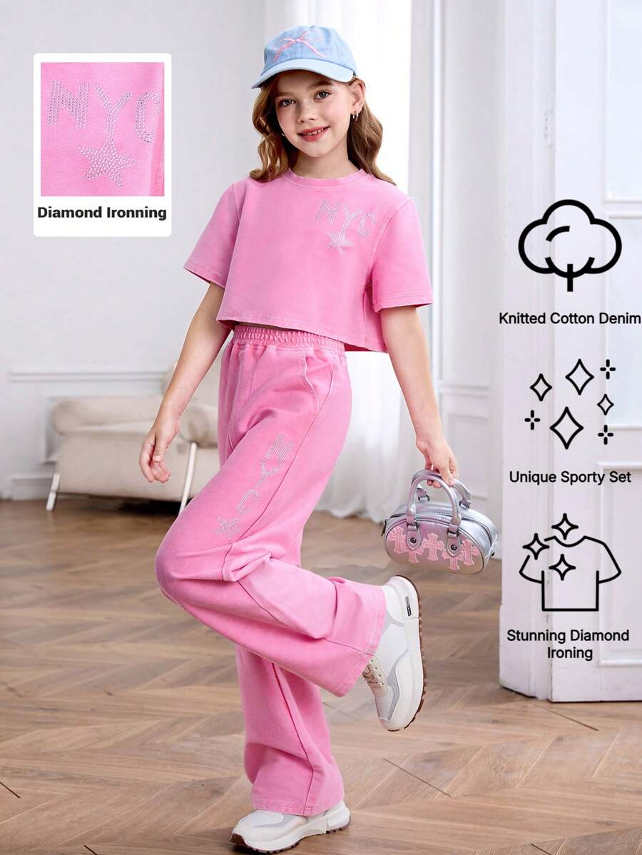 Conjunto de dos piezas de mezclilla para niñas preadolescentes - Rosa - Ver 1