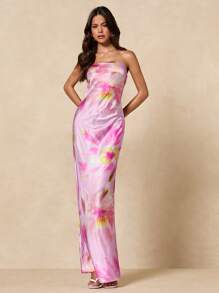 SHEIN BAE Summer Women Floral Print Strapless Backless Elegant Dress, Suitable For Party, Holiday, Wedding, Evening Occasion, Romantic Date - Pink - View 4