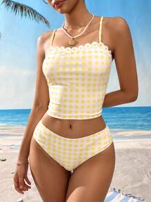 Swim Mod 2pcs Women's Plaid Daisy Flower Pattern Camisole & Bikini Set, Cute Casual Beachwear For Spring & Summer Vacation, Beach, Party - Yellow - View 4