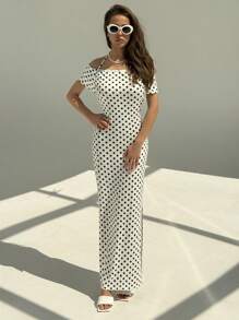 Aloruh Đầm dài hở lưng họa tiết chấm bi gợi cảm thanh lịch cho nữ - trắng - Xem 5