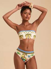 Travachic 女士花卉印花抹胸比基尼套装，女士夏季服装，女士泳衣，女士泳衣女士沙滩装夏季女士两件套服装女士沙滩装 - 彩色 - 查看 3