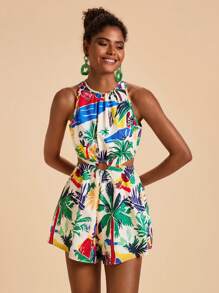 Travachic Women's Palm Tree Print Cutout Waist Sleeveless Jumpsuit, For Vacation,Vacation,Summer,Summer Outfits For Women,Holiday Outfits - Green - View 6