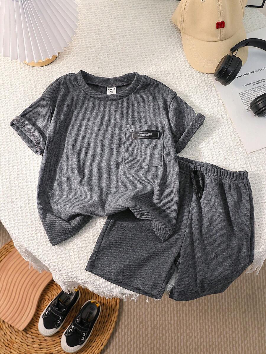 Souflis Souflis 2pcs/Set Young Boy Solid Color Casual Versatile Pocket Tee & Shorts Set, Suitable For Sports, Daily Wear, Spring/Summer Summer Holiday - Grey - View 1