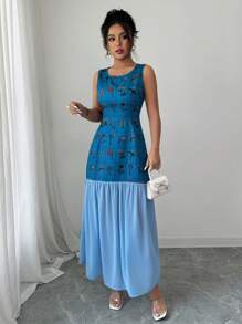 Elenzga Elegant French Style Floral Print Vest Patchwork Chiffon Dress For Women, Spring 2025 New Arrival - Blue - View 4
