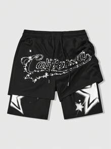 ROMWE MEN Street Life Men's Cartoon Print 2 In 1 Basketball Shorts, Suitable For Daily Wear In Spring/Summer - Black - View 3