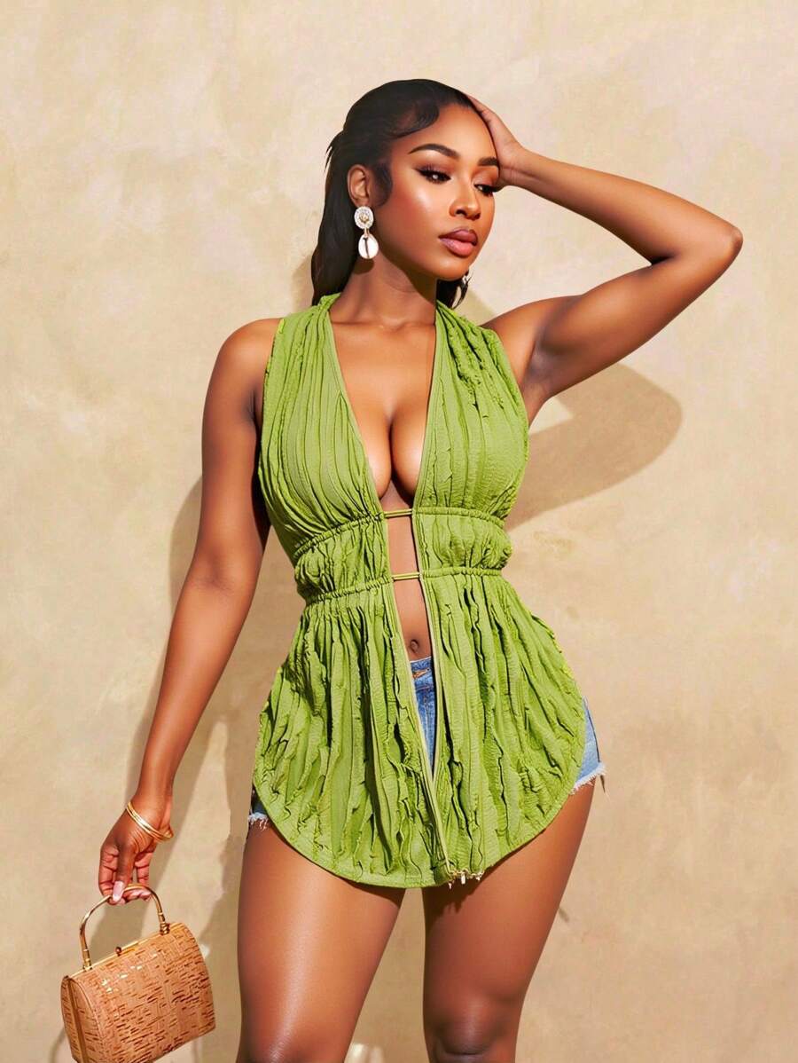 BamGleam 女士春夏新款性感吊带纹理面料绿色吊带上衣，大露背设计，时尚百搭，适合海边度假 - 綠色 - 查看 1