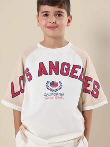 SUMWON Conjunto deportivo casual de verano estilo varsity de Los Ángeles, California, con sudadera y pantalón corto, estilo callejero, ropa deportiva con camiseta raglan oversize