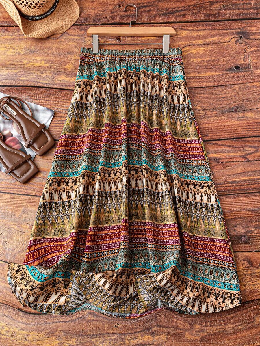 大码复古印花假日休闲半身裙长裙