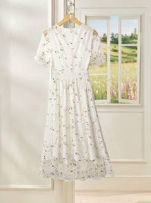 Rusticease Đầm hở eo thêu hoa lưới tương phản mùa hè cho nữ - trắng - Xem 2