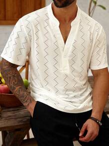 Manfinity Homme Camicia a maniche corte con motivo a jacquard e fori, taglio slim, vita morbida, motivo casual a rombi, colore bianco puro, adatta come regalo per il marito o il fidanzato di taglia grande - Bianco - Visualizzare 6