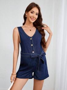 SHEIN Peto vaquero sin mangas con cuello en V y botones para embarazadas, verano