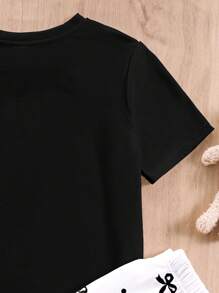 SHEIN Leap Crew 青少年女孩休闲蝴蝶结装饰简约圆领短袖长裤睡衣套装，适合夏季 - 彩色 - 查看 4
