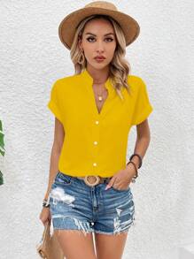 EMERY ROSE 女士休闲V领短袖纯色衬衫，夏季 - 黃色 - 查看 5